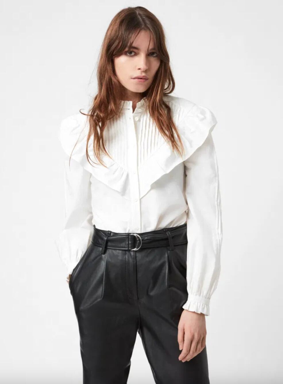 ALLSAINTS | Fiala Frill Silk Blend Shirt in White Ruffle Collar Poplin Shirt 6